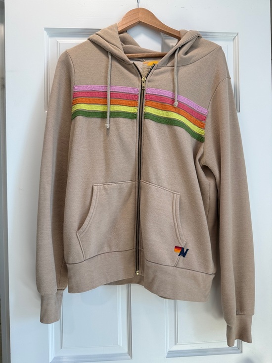 Aviator Nation Tops - Aviator Nation Khaki Zip-Up Hoodie with Pink, Orange, Yellow & Green Stripes
